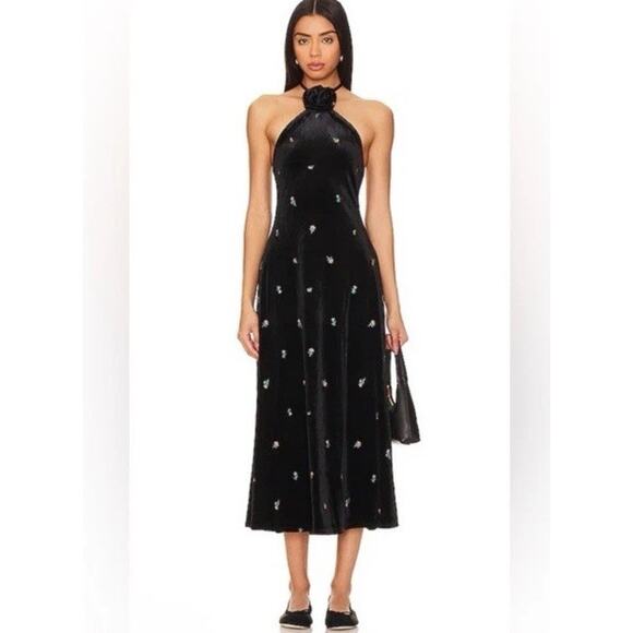 WeWoreWhat Womens Floral High Neck Black Velvet Midi Dress Size Small NEW $168 - Picture 1 of 12